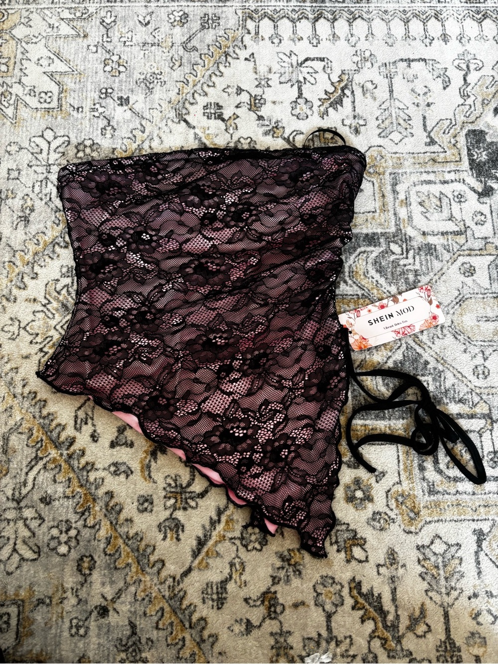 SHEIN Pink with Black Floral Lace Strapless Bandeau